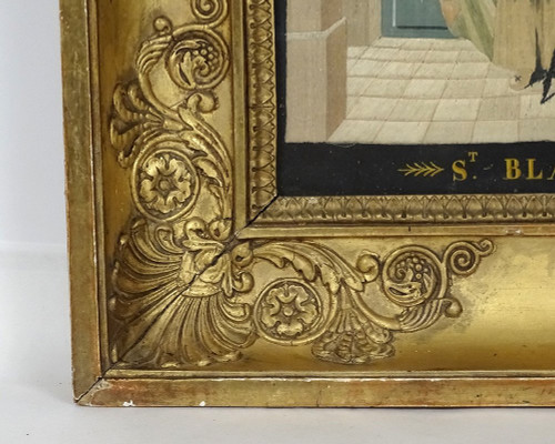 Quadro San Biagio Ricamo in seta Fili d'oro Argento Cornice dorata Impero XIX secolo