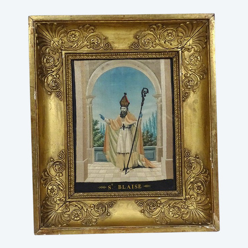 Quadro San Biagio Ricamo in seta Fili d'oro Argento Cornice dorata Impero XIX secolo