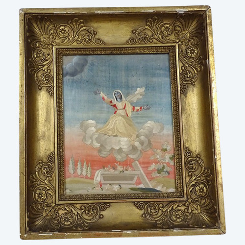 Tableau Ascension Vierge Marie Broderie Soie Cadre Doré Ier Empire XIXème