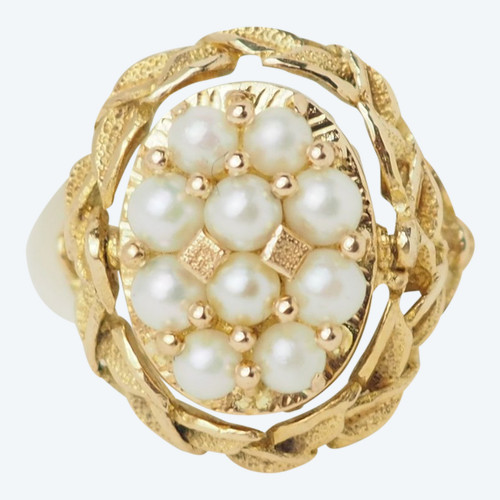 Bague en or jaune perles de culture et cabochon Amazonite