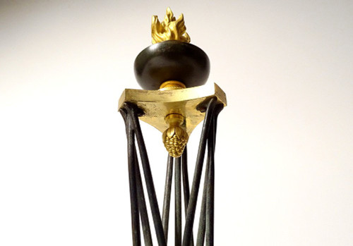 Coppia di cassolette ateniesi in bronzo e marmo, braciere, primo impero, XIX secolo