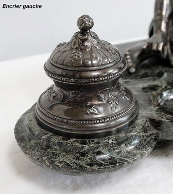 Doppio Calamaio in Bronzo Argentato su Marmo Verde Mare - 1900
