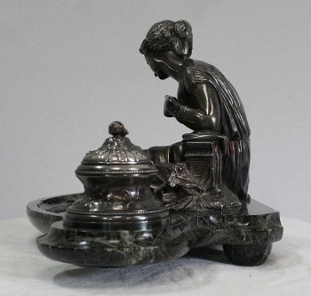 Doppio Calamaio in Bronzo Argentato su Marmo Verde Mare - 1900