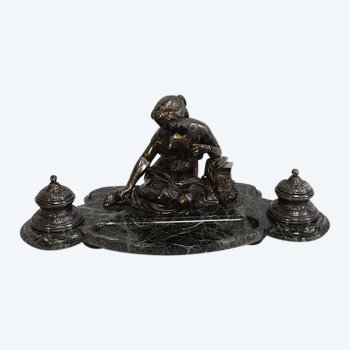 Doppio Calamaio in Bronzo Argentato su Marmo Verde Mare - 1900