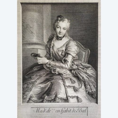 Etching Portrait Of A Lady In Ballroom Dress 18th Century Engraving Old Print