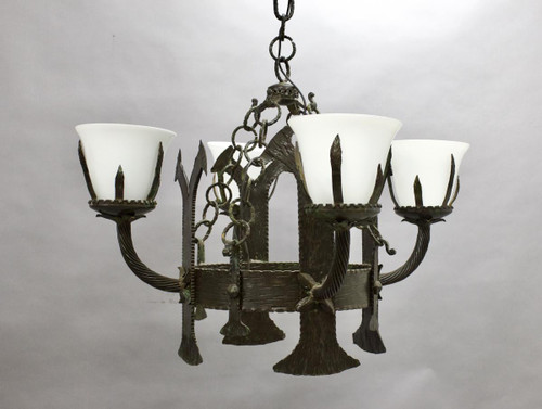 Pair Of Art Deco Wrought Iron And Opaline Chandeliers