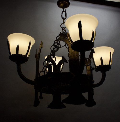 Pair Of Art Deco Wrought Iron And Opaline Chandeliers