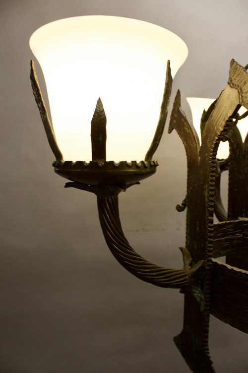 Pair Of Art Deco Wrought Iron And Opaline Chandeliers
