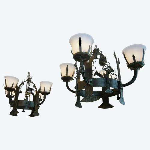 Pair Of Art Deco Wrought Iron And Opaline Chandeliers