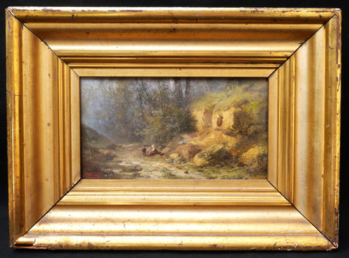 Louis Léon Nicolas VERREAUX, Woman and child on a path in the forest near Boulogne sur Mer