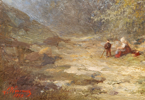 Louis Léon Nicolas VERREAUX, Woman and child on a path in the forest near Boulogne sur Mer