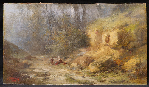 Louis Léon Nicolas VERREAUX, Woman and child on a path in the forest near Boulogne sur Mer