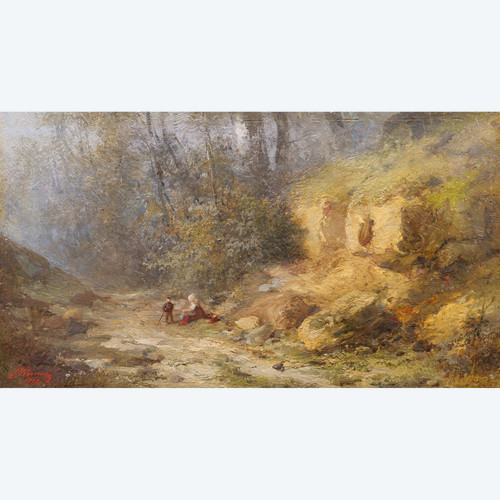 Louis Léon Nicolas VERREAUX, Woman and child on a path in the forest near Boulogne sur Mer