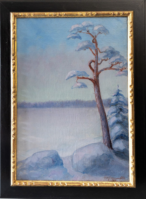 G. Von Sparrvenfält Olio su tela Paesaggio invernale di pittore svedese