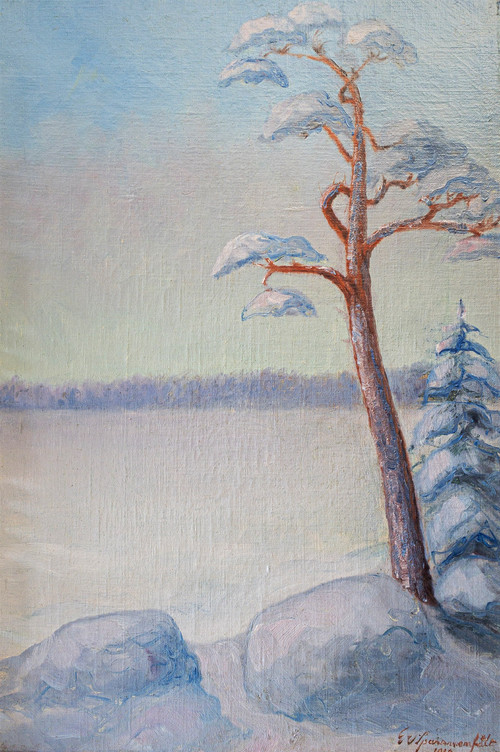 G. Von Sparrvenfält Olio su tela Paesaggio invernale di pittore svedese