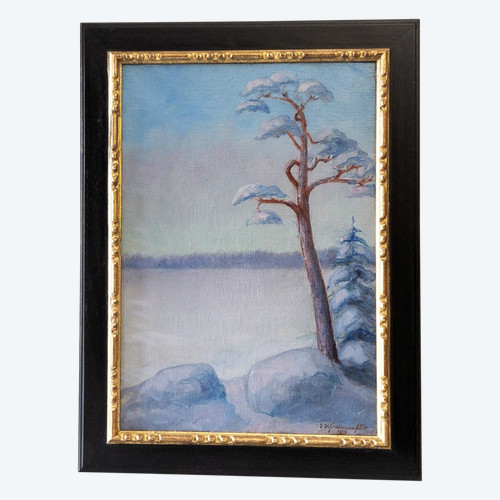 G. Von Sparrvenfält Tableau Huile Sur Toile Paysage d'Hiver Par Peintre Suédois 