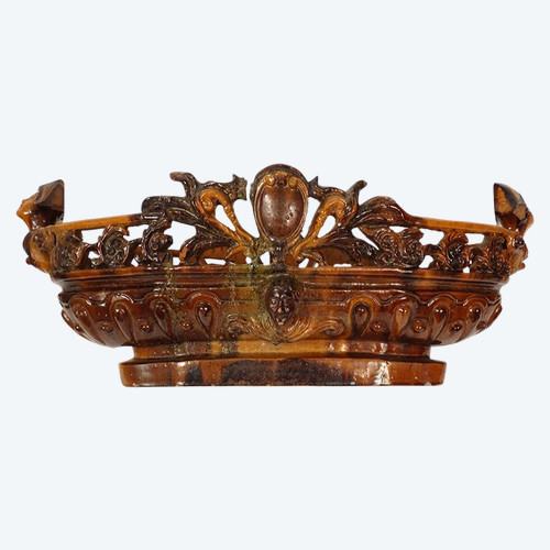 Fruit Bowl Planter Glazed Earth Mascarons Characters 19th Century
