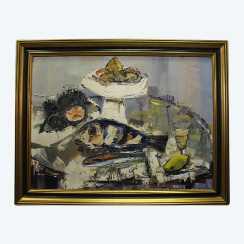 Öl Auf Leinwand Ernest Audibert, Stillleben Mit Fisch