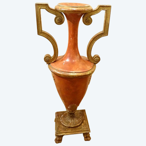 Grand Vase Décoratif Directoire Bois Polychrome Doré Amphore Fin XVIIIème