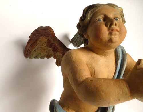 Sculpture Statue Bois Polychrome Angelot Chérubin Ange XVIIème Siècle