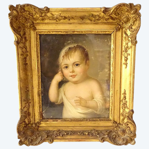 HST Painting Portrait Young Child Golden Stuccoed Frame Late 18th Early 19th