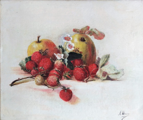 Ölgemälde Stillleben Erdbeeren und Äpfel