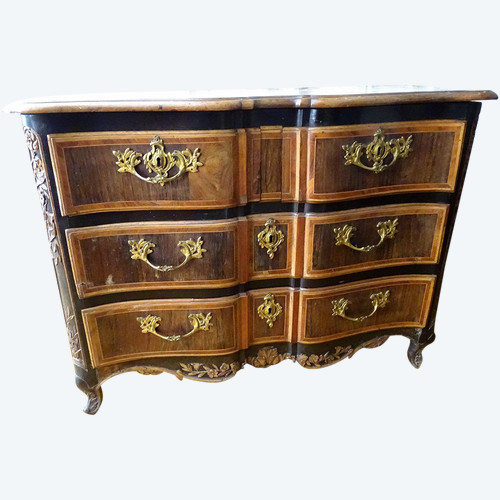 Commode Arbalète Louis XV Marqueterie Bois Rose Palissandre Noyer XVIIIème