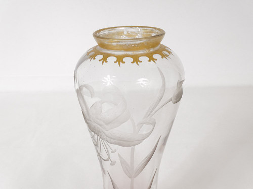 Paire Vases Cristal Gravé Fleurs Hibiscus Feuillage Dorure Art Nouveau XIXè