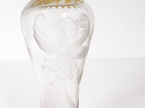 Paire Vases Cristal Gravé Fleurs Hibiscus Feuillage Dorure Art Nouveau XIXè