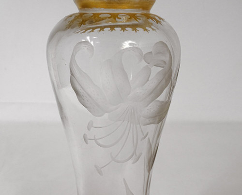 Paire Vases Cristal Gravé Fleurs Hibiscus Feuillage Dorure Art Nouveau XIXè
