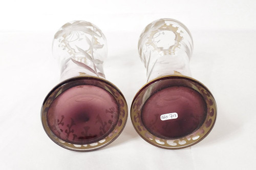 Paire Vases Cristal Gravé Fleurs Hibiscus Feuillage Dorure Art Nouveau XIXè