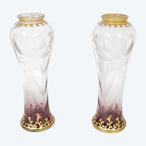 Paire Vases Cristal Gravé Fleurs Hibiscus Feuillage Dorure Art Nouveau XIXè
