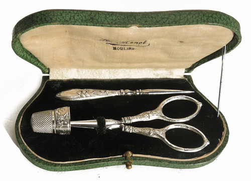 Art nouveau silver sewing set pinecone cocotte
