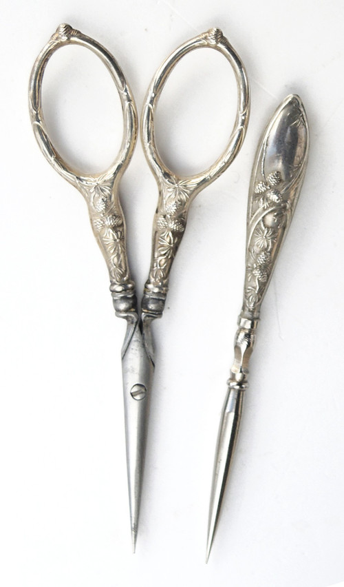 Art nouveau silver sewing set pinecone cocotte