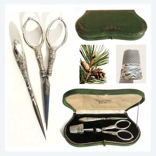 Art nouveau silver sewing set pinecone cocotte
