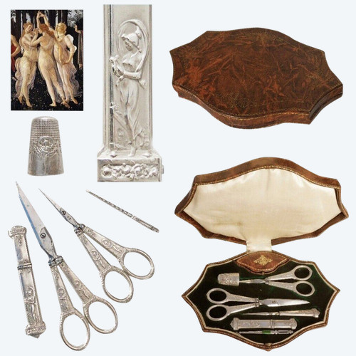 Antique silver sewing set Massif Art nouveau les fileuses