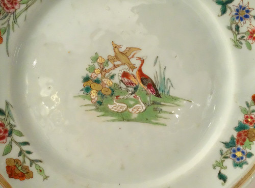 Coppia di piatti in porcellana Compagnie Des Indes Uccelli Fagiani Fiori XVIII secolo