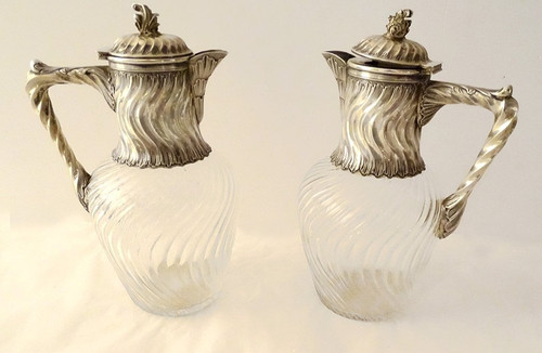 Coppia Caraffe in Cristallo Molato Minerva Intrecciata in Argento Sterling Fine XIX Secolo