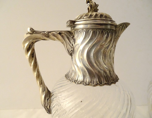 Coppia Caraffe in Cristallo Molato Minerva Intrecciata in Argento Sterling Fine XIX Secolo