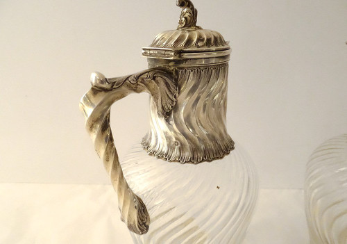 Coppia Caraffe in Cristallo Molato Minerva Intrecciata in Argento Sterling Fine XIX Secolo