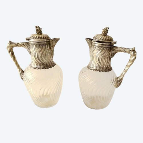 Coppia Caraffe in Cristallo Molato Minerva Intrecciata in Argento Sterling Fine XIX Secolo