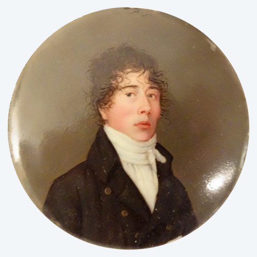 Round Miniature On Enamel Portrait Young Man Signed Hamm Empire 19th