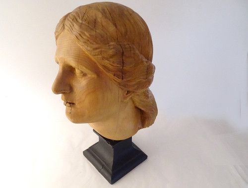 Scultura testa di giovane donna Afrodite in legno naturale scolpito fine XIX secolo