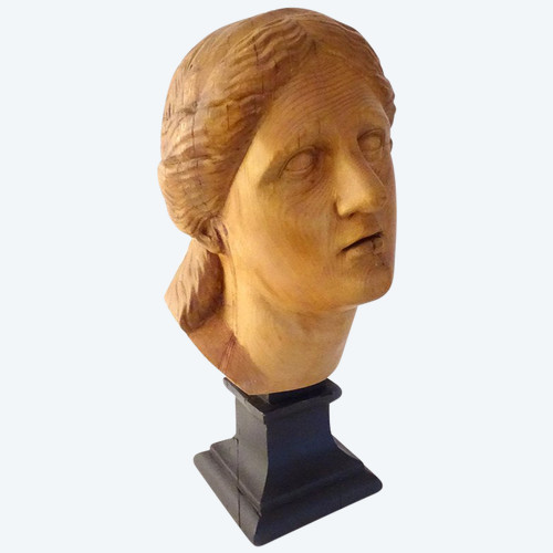 Scultura testa di giovane donna Afrodite in legno naturale scolpito fine XIX secolo