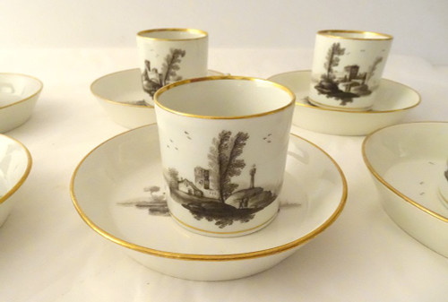 6 Tasses Porcelaine Vienne Grisaille Paysages Châteaux étangs Début XIXème