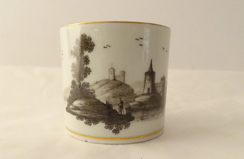 6 Tasses Porcelaine Vienne Grisaille Paysages Châteaux étangs Début XIXème