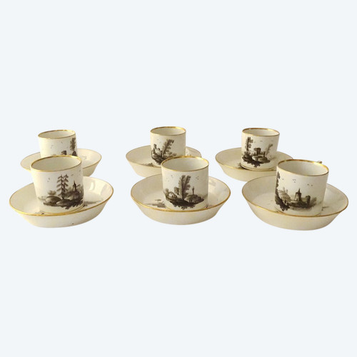 6 Tasses Porcelaine Vienne Grisaille Paysages Châteaux étangs Début XIXème