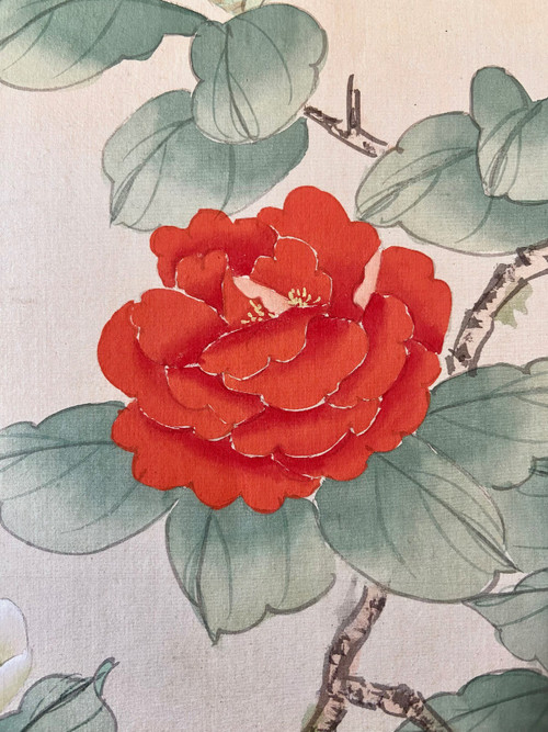 Cina, anni '50, Uccello dipinto su seta tra i rami fioriti II