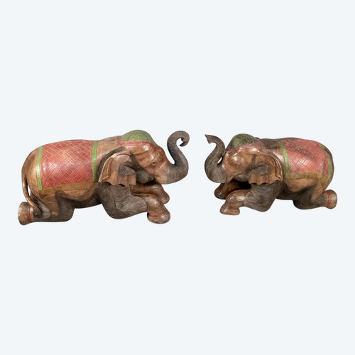 Couple of Elephants In Painted Teak