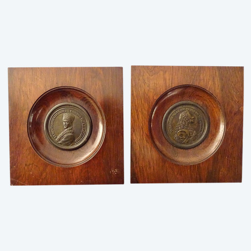 Paire Médailles Bronze Portraits Rousseau Voltaire Graveur Waechter XVIIIè